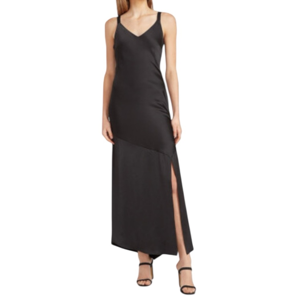 NWT Express Black V-Neck Satin Sleeveless Slip Maxi Dress with Slit MEDIUM